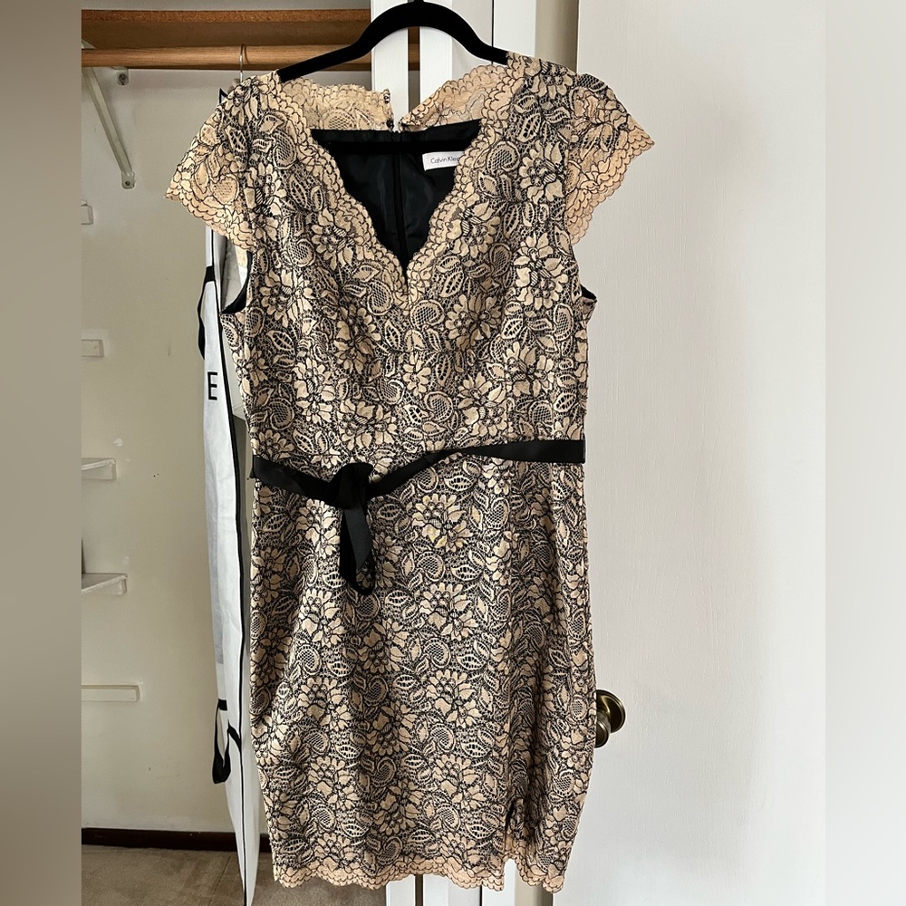 Calvin Klein Nude Lace Sheath Dress with Black Trim